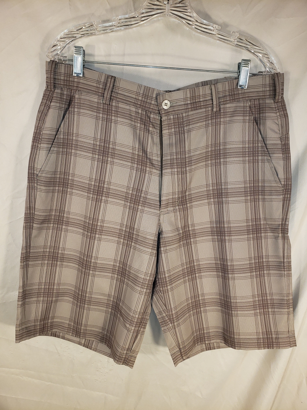 Men's Plaid Golf Performance Shorts - Taupe/Brown - 34